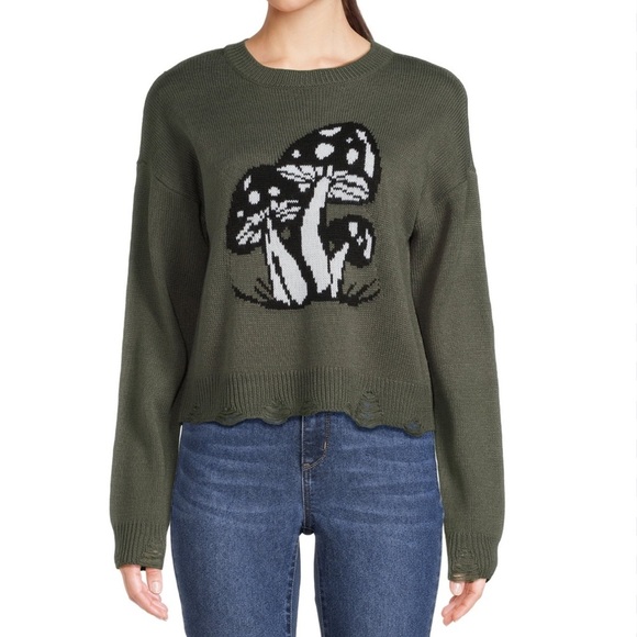No Boundaries Sweaters - No Boundaries Juniors Novelty Sweater Green Midnight Mushroom Distressed NWT Sm